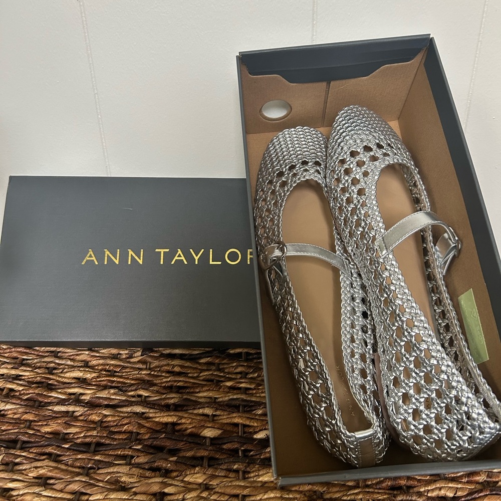 Ann Taylor Woven Mary Jane Metallic Ballet Flats - Silver Metallic Style #857131